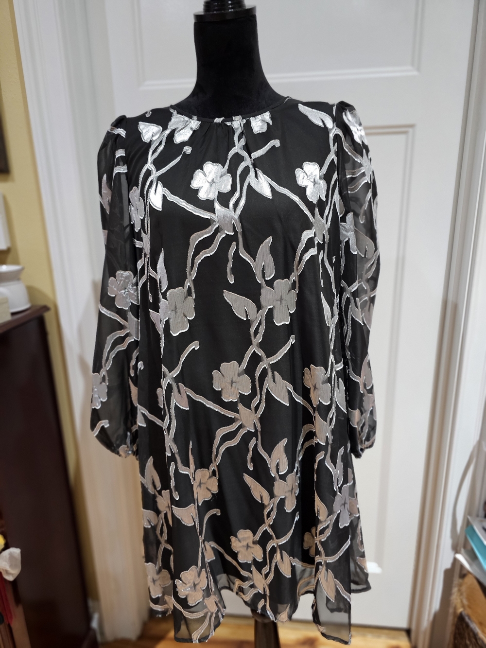 Tommy Hilfiger Sheer Black Dress with Silver Floral Embroidery
